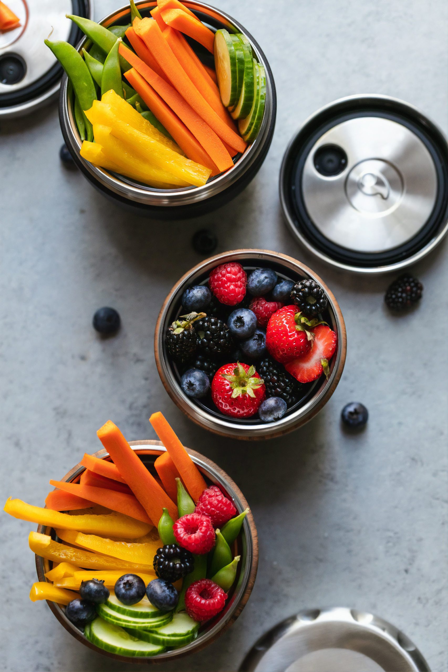 Health lunch of vegetables and fruit packed for school.