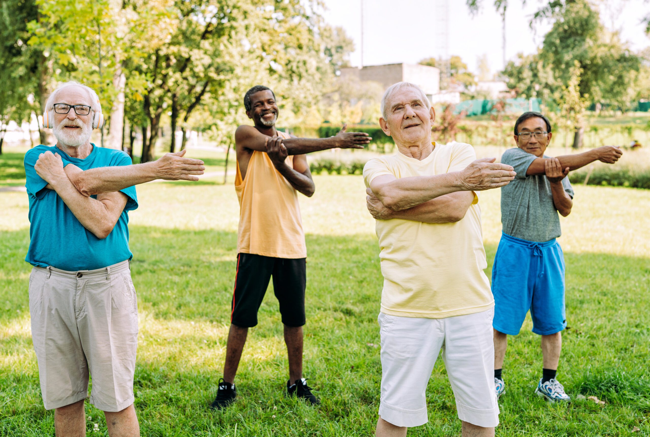 Group of geriatric friends staying fit together.