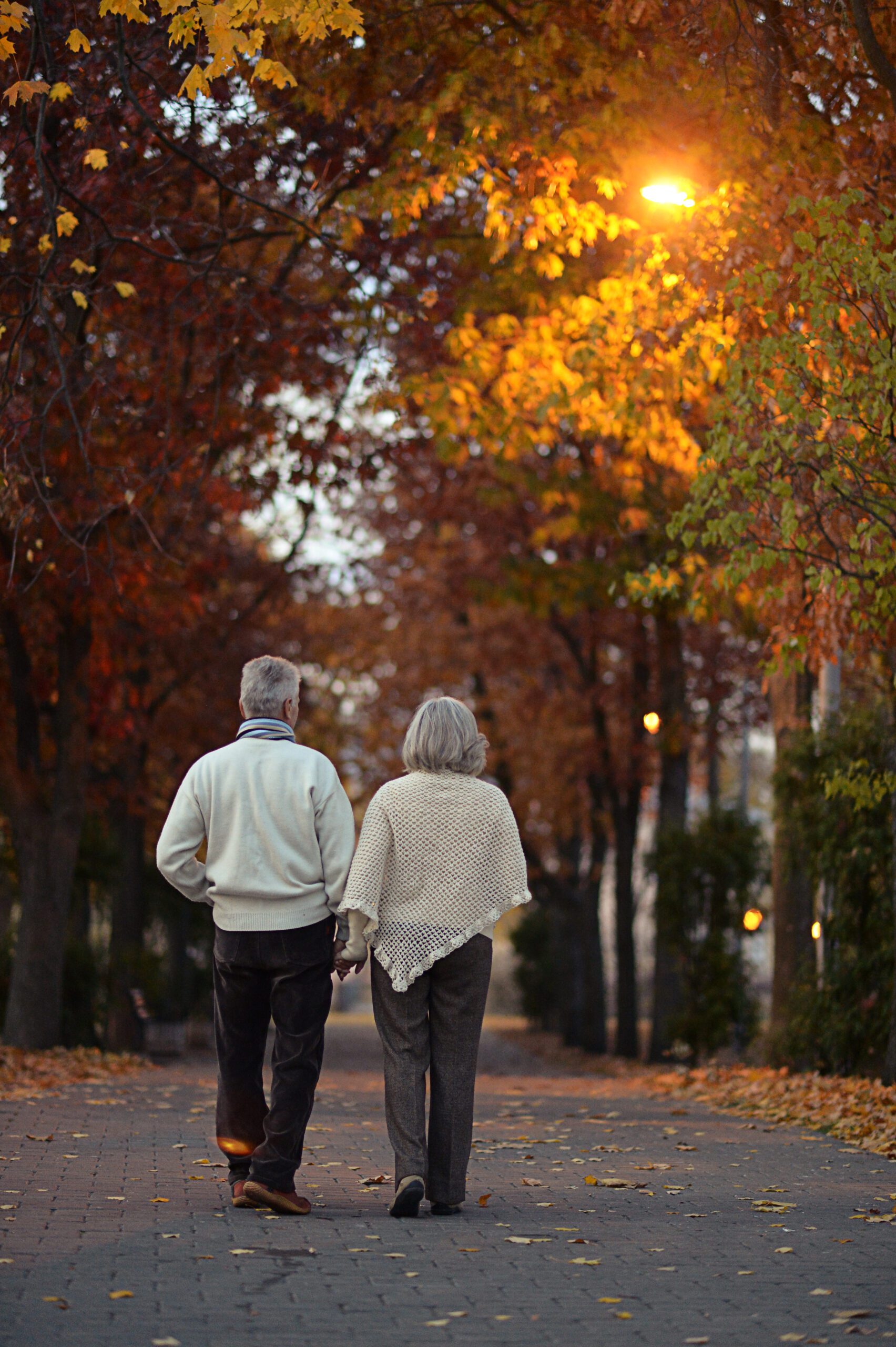 couple walking in fall trees
